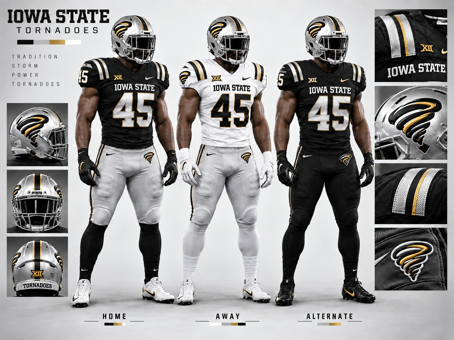 Iowa State Tornadoes black-and-silver uniforms with subtle gold accents on the tornado emblem, striping, and numbers