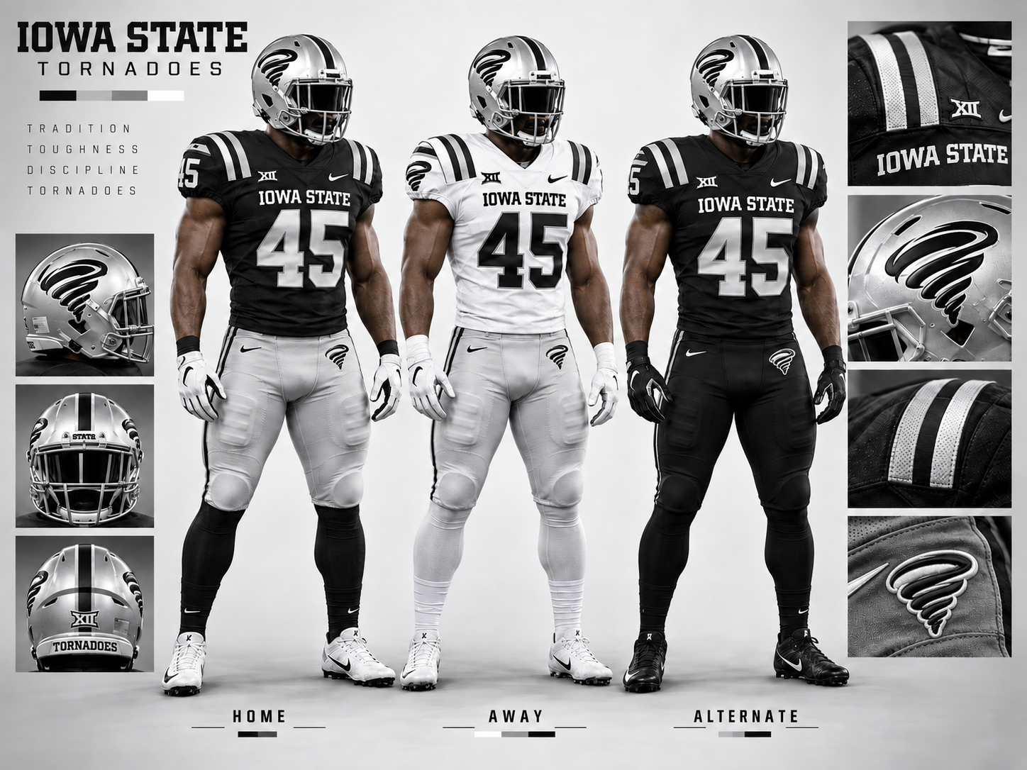 Iowa State Tornadoes black-and-silver uniform concept with home, away, and alternate uniforms and silver tornado helmets