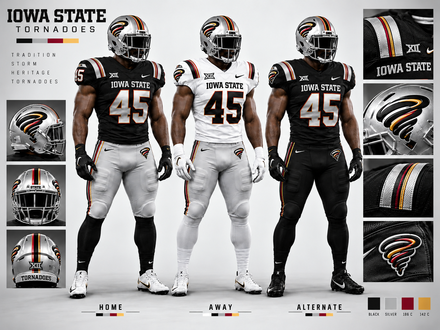 Both Traditions Iowa State Tornadoes uniform board: black-and-silver home, white away, and black alternate uniforms with restrained Pantone 186 C cardinal and Pantone 142 C gold accents
