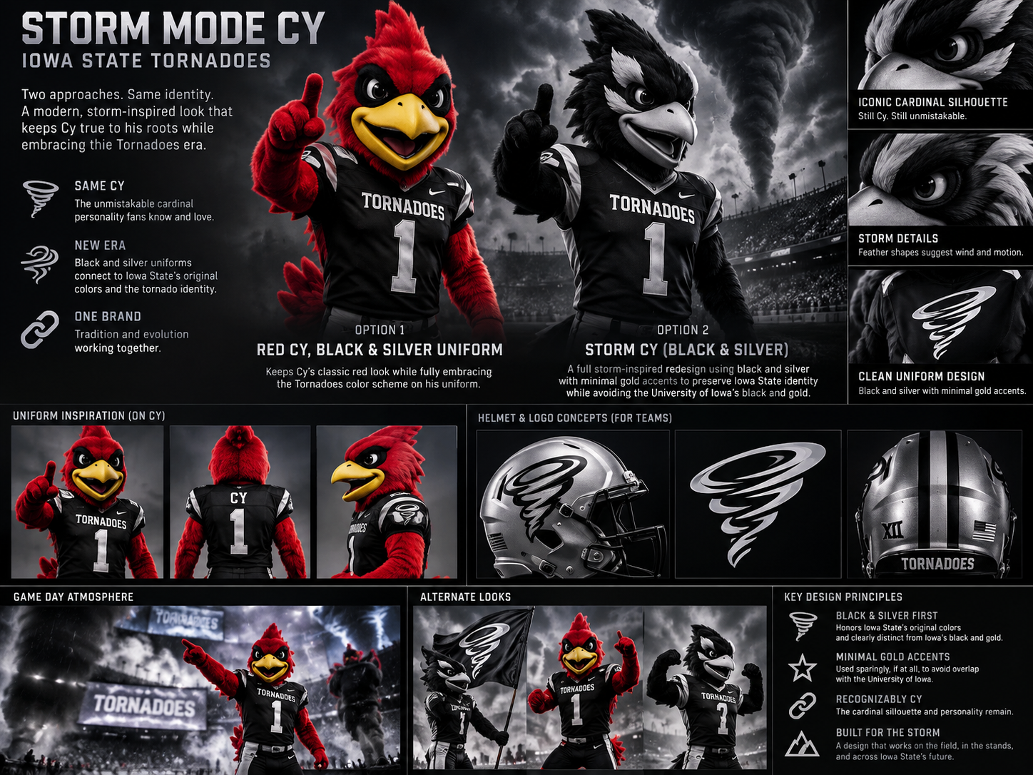 Mascot concept board showing red Cy in a black-and-silver Tornadoes uniform alongside an alternate black-and-silver Storm Cy, with helmet and emblem concepts